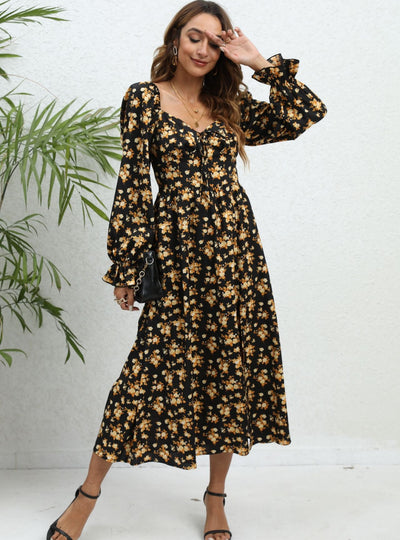 Printed Long-sleeved Split Dress