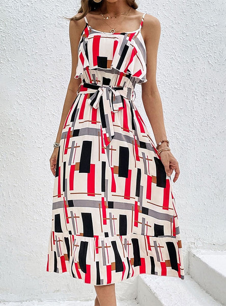 Striped Printed Lace-up Straps Dress