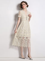 Retro Bubble Sleeve Lace Dress