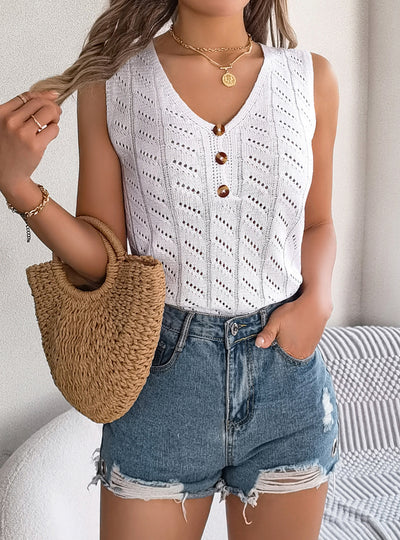 Button V-neck Sleeveless Top Sweater