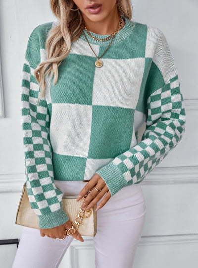 Contrasting Check Pullover Sweater