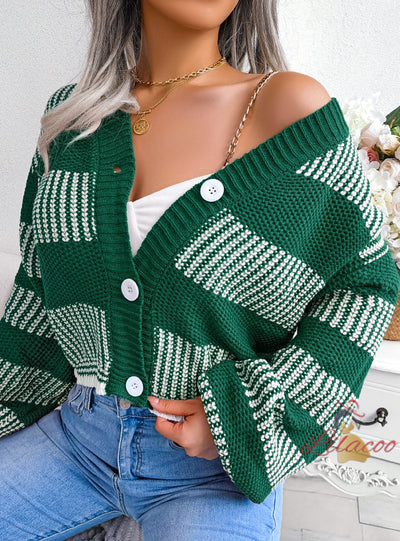 Contrasting Striped Lantern Sleeve Cardigan Sweater Coat