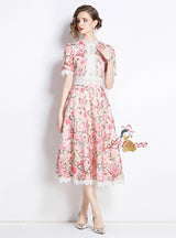 Retro Elegant Lace Stitching Printed Dress