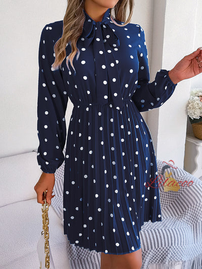 Polka-dot Long-sleeved Pleated Dress