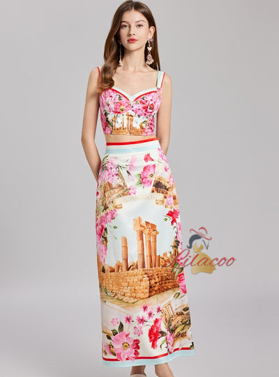 Summer Printed Splicing Sling+Skirt Two-piece Set