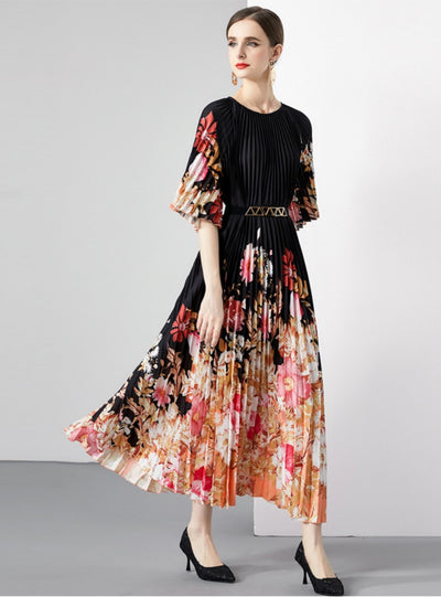 Loose Pleated Silm Waist Print Dress