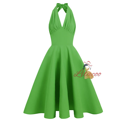 Retro V-neck Backless Halter Dress