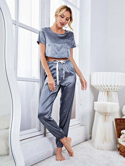 Silk-like Short Top Trousers Suit