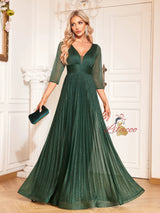 Green Short Sleeve V-neck Pleats Prom Dress