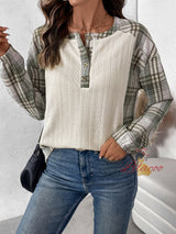 Plaid Stitching Long Sleeve Round Neck T-shirt