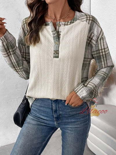 Plaid Stitching Long Sleeve Round Neck T-shirt