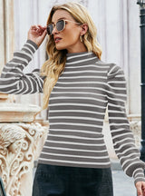 Bubble Sleeve Slim Knit Striped Top