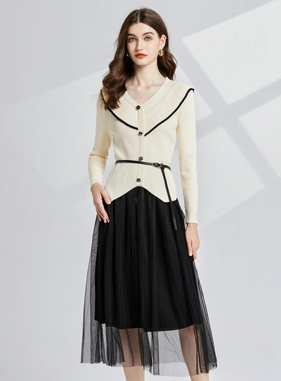 V-neck Knit Cardigan+Gauze Skirt Two-piece Suit