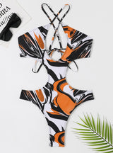 One-piece Triangular Printed Lace Up Bikini