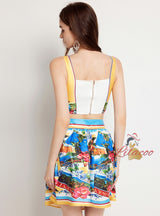 Printed Splicing Contrast Sling+Skirt Two-piece Set