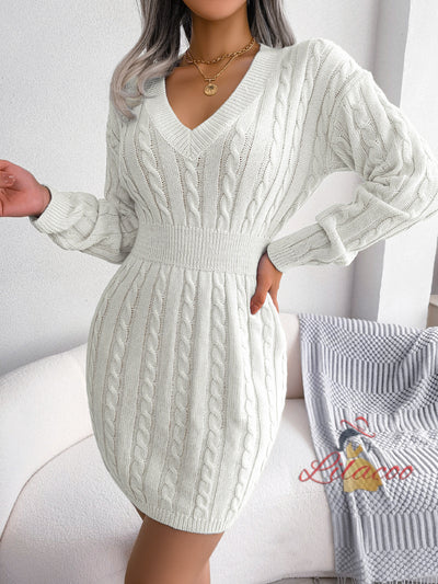 Fashion Silm Waist Twist Sweater Dress