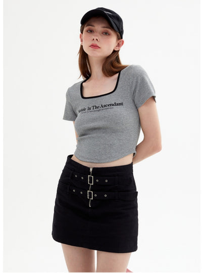 Square Collar Letter Short Sleeve T-shirt