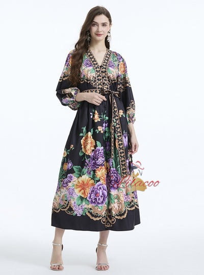 Palace Style V-neck Lantern Sleeve Printed Long-sleeved Dress