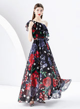 One Shoulder Chiffon Print Dress