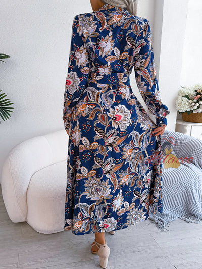 Retro Flower Lapel Lace-up Shirt Long Dress