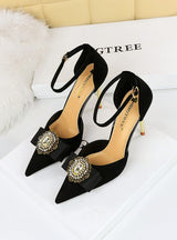 Retro High Heel Suede Pointed Rhinestone Metal Bow Shoes