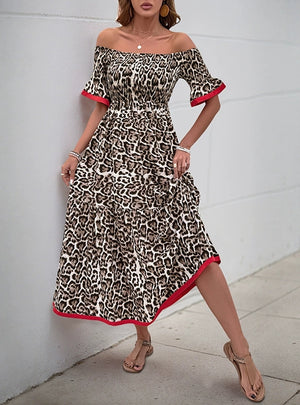 Retro Medium-long Lotus Leaf Sleeve Leopard Print Dress