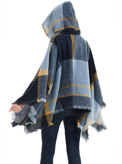 Blue Plaid Hooded Shawl Cloak