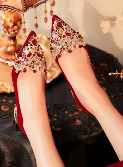 Short Heel Pointed Rhinestone Suede Red Wedding Shoes