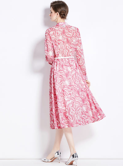 Printed Butterfly Long Sleeve Belt Slim Dress