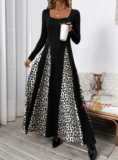 Leopard Print Contrast Long Sleeve Dress