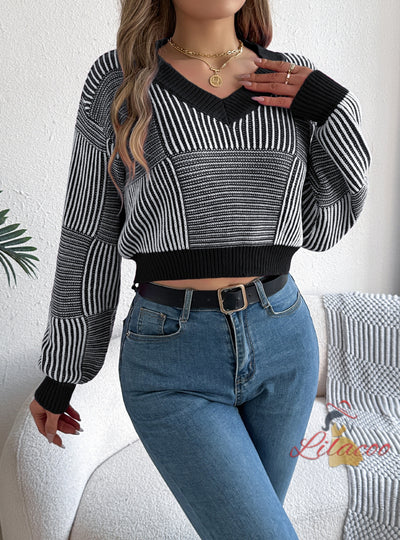 Casual Striped Lantern Sleeve Short Sweater