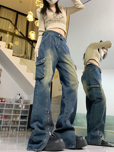 Retro Zipper Pocket Jeans Pant