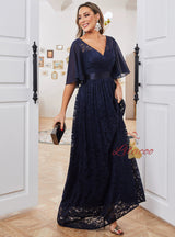 Navy Blue Lace V-neck Prom Dress