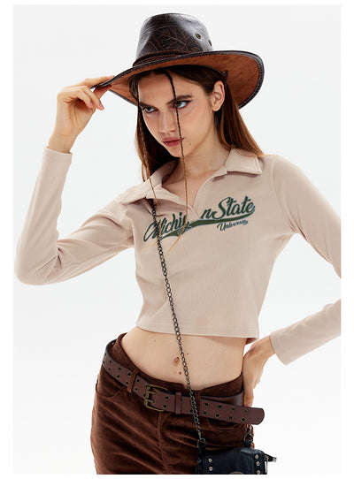 Retro Long Sleeve Lapel T-shirt