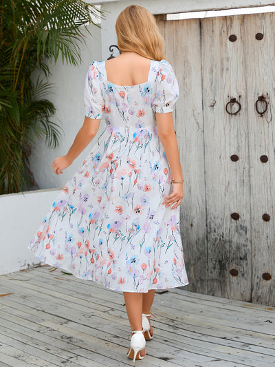 Retro Floral Bubble Sleeve Dress