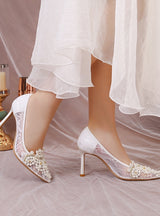 Summer Mesh Pointed High Heels Pearls Shoes