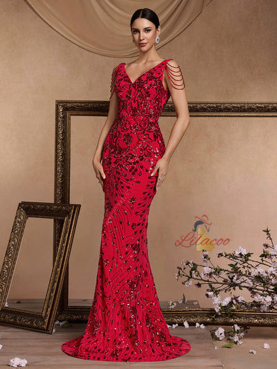 Red Mermaid Sequins V-neck Prom Dress