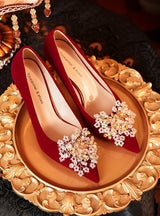 Red Thick-heeled Beads Wedding Shoes