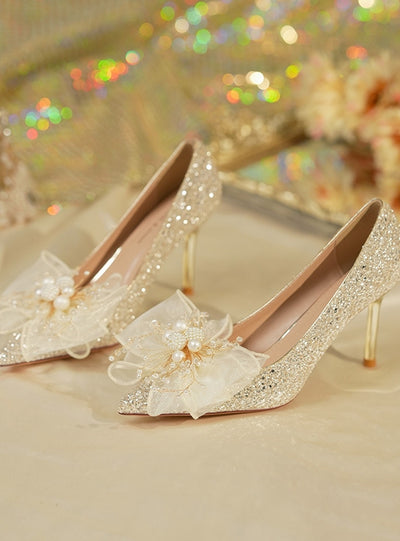 Sequined Beads Bow High Heels Shoes