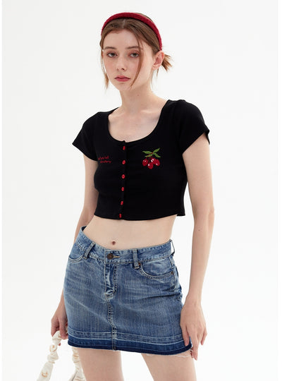 Embroidered Button Short T-shirt