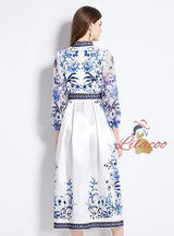 V-neck Ethnic Long-sleeved Printed Long Dress