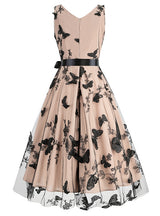 V-neck Belt Sleeveless Retro Butterfly Dress