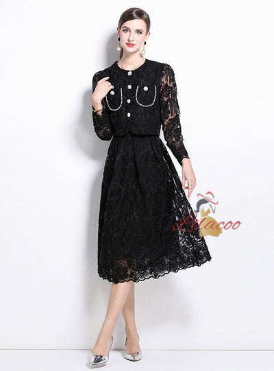 Long Sleeve Lace Skirt Two-piece Suit