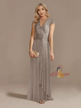 Sexy V-neck Sequins Cap Sleeve Prom Dress