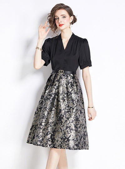 Retro Stitching Fake Jacquard V-neck Short-sleeved Dress