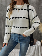 Knitted White Long-sleeved Love Heart Sweater