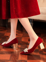 Red Thick Heels Beads Wedding Shoes