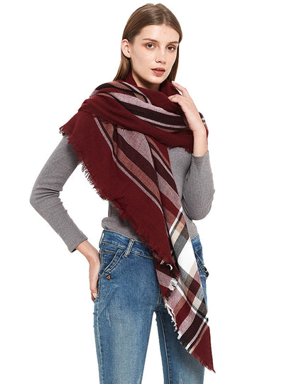 Wine Red Plaid Square Scarf