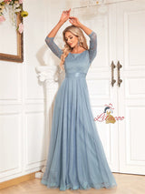 Blue Tulle Lace Long Sleeve Prom Dress