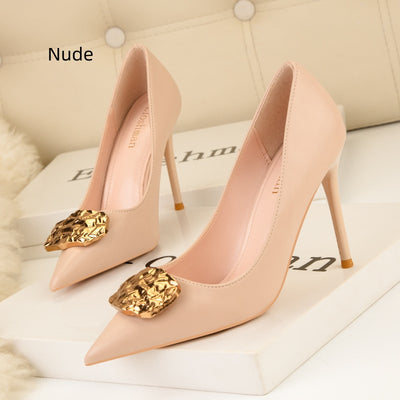 Thin High-heeled Pointed Metal Buckle Shoes